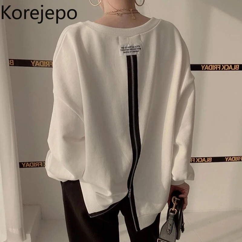 

Korejepo Back Zipper Sweatshirts Women Early Spring 2022 New Korean Chic Retro Casual V-neck Letter Print Contrast Loose Tops