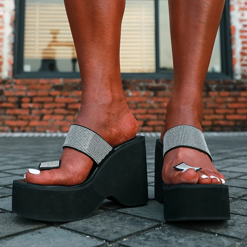 Wedges Square Toe Platform Rhinestone Women's Slippers Size 35-43 Summer Gladiator Women Shoes Flip Flops High Heels Slides Sexy