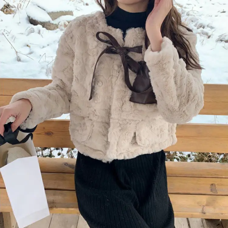 Lamb Coat Women's Short Autumn  Winter Korean Thickened Rabbit Furry Fur Plush Coat O Neck Sweet Girl Cute Kawaii Japaness