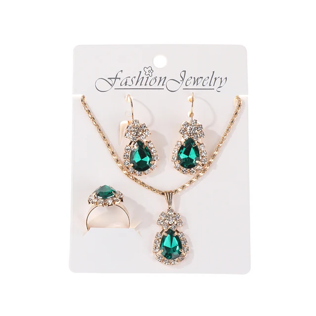 Luxury Original 18k gold earrings Gold Plated Jewelry Sets Fashion Women Bridal Water Drop Green Stone Necklace Earrings Sets 2