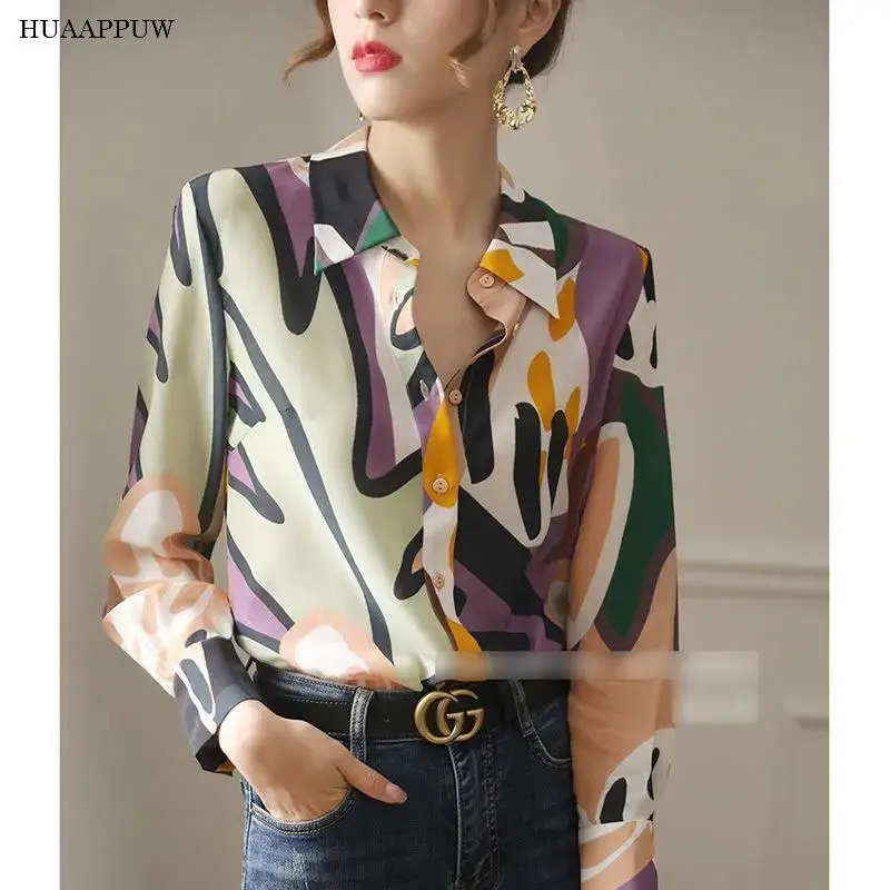 

Fashionable Temperament Contrast Color Printing POLO Collar Shirt Women's 2022 Spring and Summer New Long-sleeved Slim Shirt