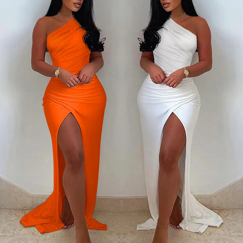 

2021 Summer Elegant Solid One Shoulder High Split Thigh Ruched Maxi Floor Dress White Sexy Corset Asymmetric Party Robes Female