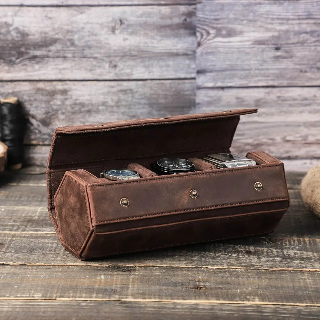 CONTACT'S FAMILY Retro Leather 3 Slots Watch Roll Retro Travel Case Chic Portable Display Jewelry Bracelet Storage Box Organizer