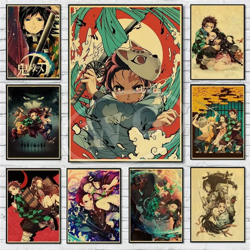 

Anime Demon Slayer Kimetsu No Yaiba Posters Prints Tanjirou Nezuko Vintage canvas printing Bar Art Wall Decor Aesthetic Painting
