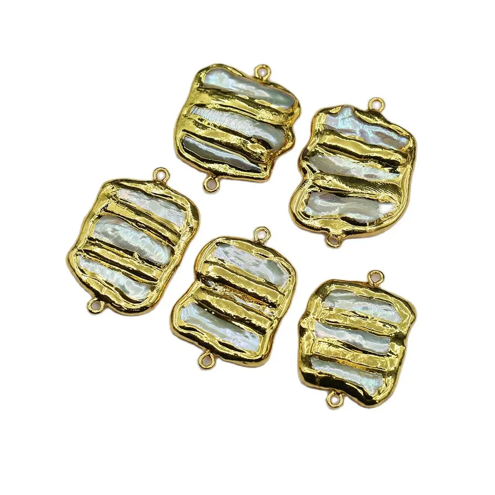 

APDGG 5Pcs Natural Pearl Freshwater Biwa Pearl Irregular Shape Gold Plated Connector For Necklace Making DIY