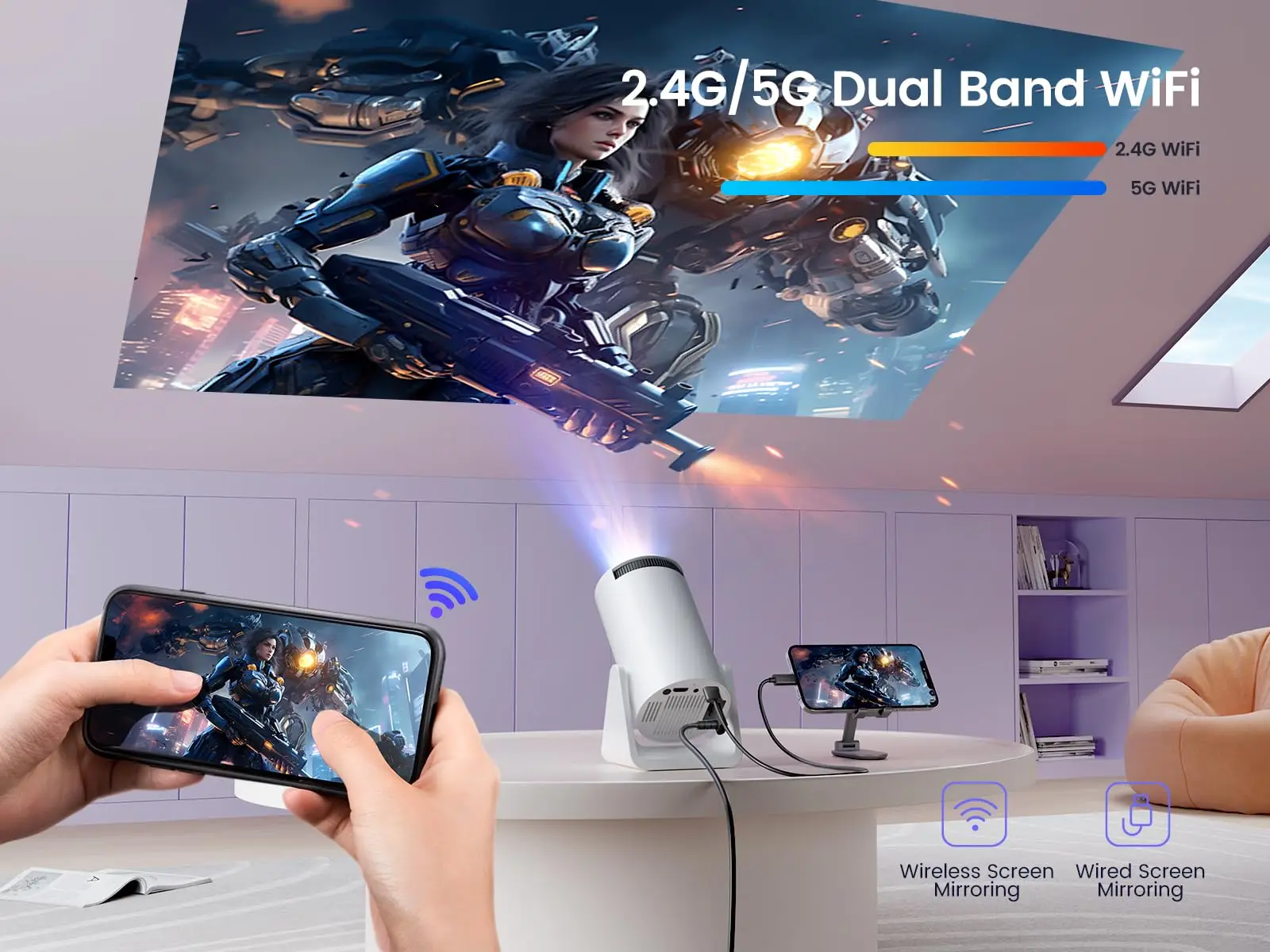 Проектор Wimius 1080p Native 720p с 270 ° вращающийся кронштейн 300 ANSI 5G WiFi Bluetooth