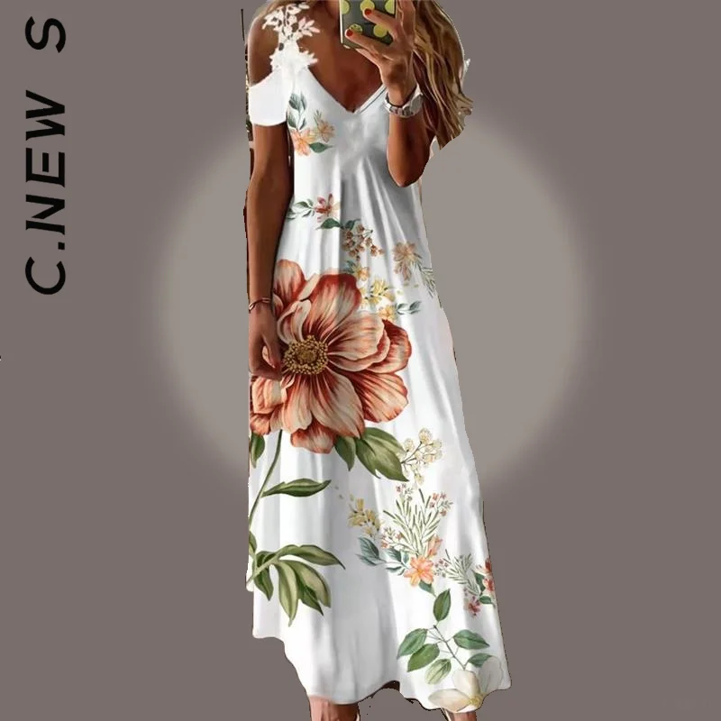 

C.New S Fashion Women Dress Floral Print Boho Long Dresses Club Harajuku Robe Korean Stylish Vestidos Female Dresses Woman