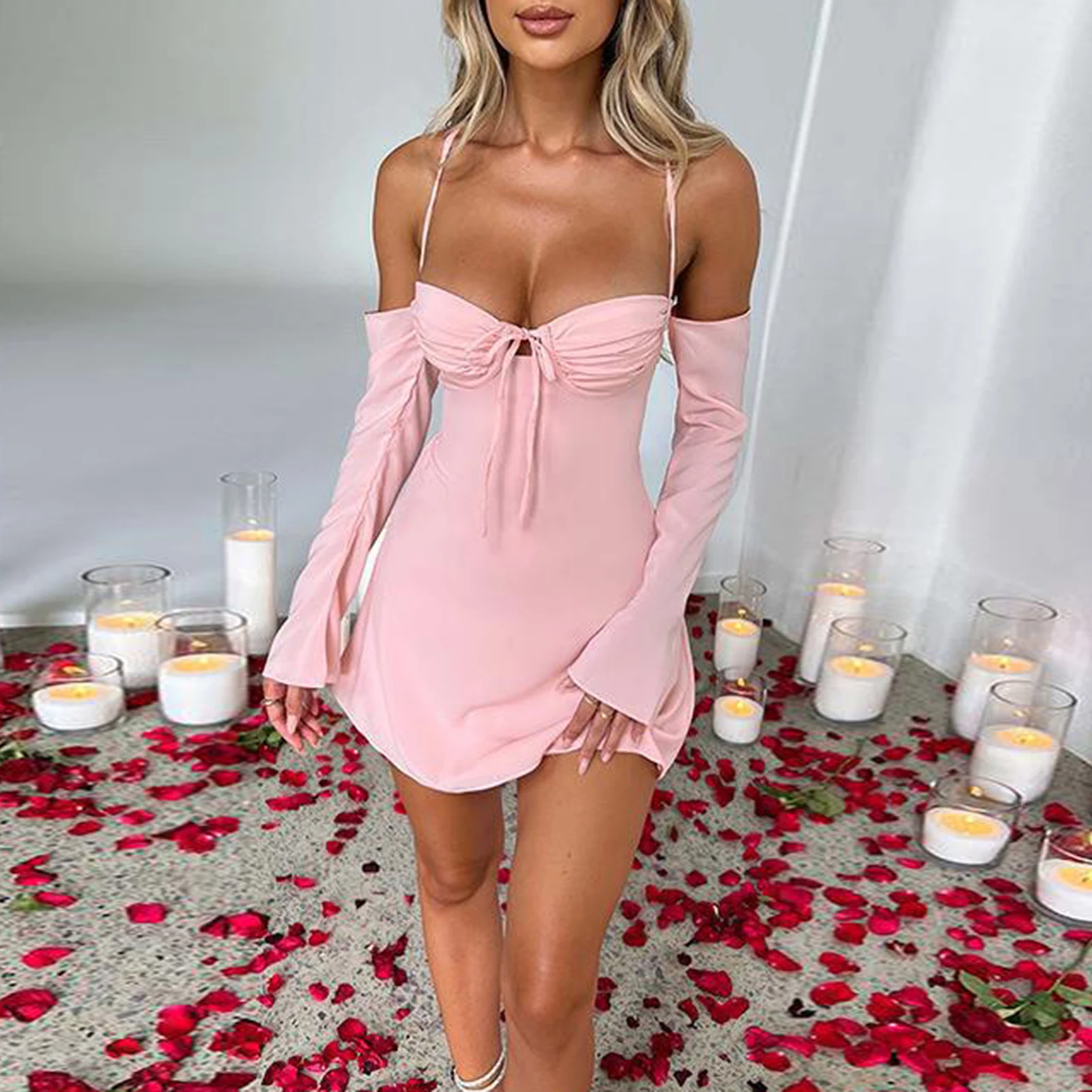 

Женское облегающее платье с рукавами, женское платье на тонких бретельках, однотонное сексуальное стильное облегающее повседневное платье для отдыха