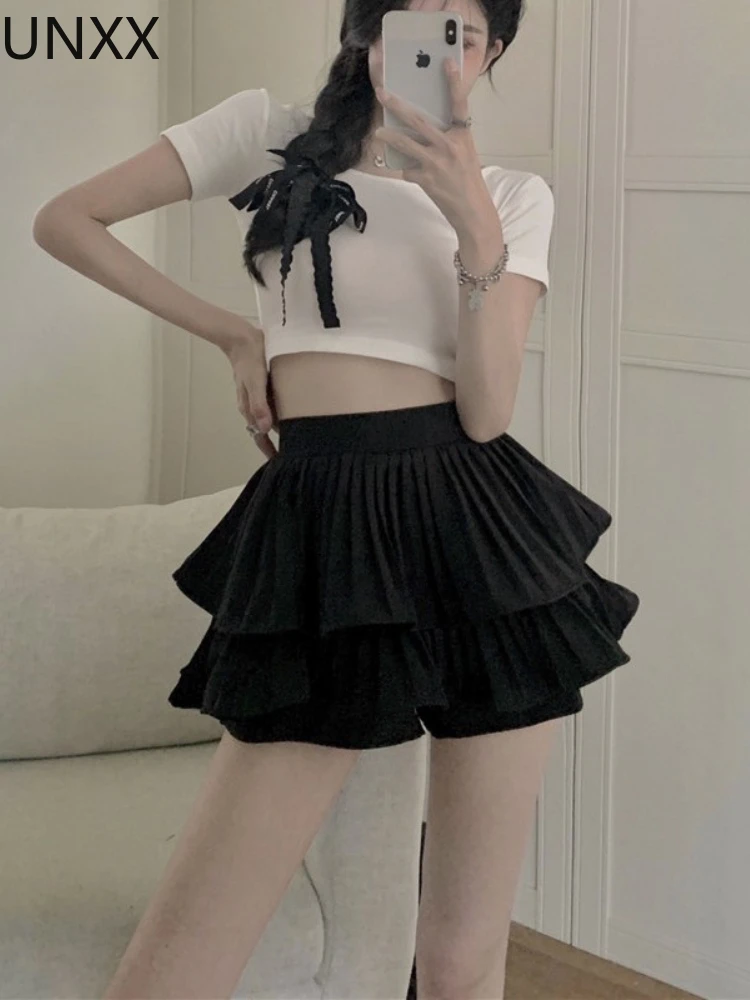 

UNXX Korean Fashion Sexy Pleated Skirts Women Solid High Waist All-Match Summer New Culottes Mini Cupcake Skirts Faldas Mujer