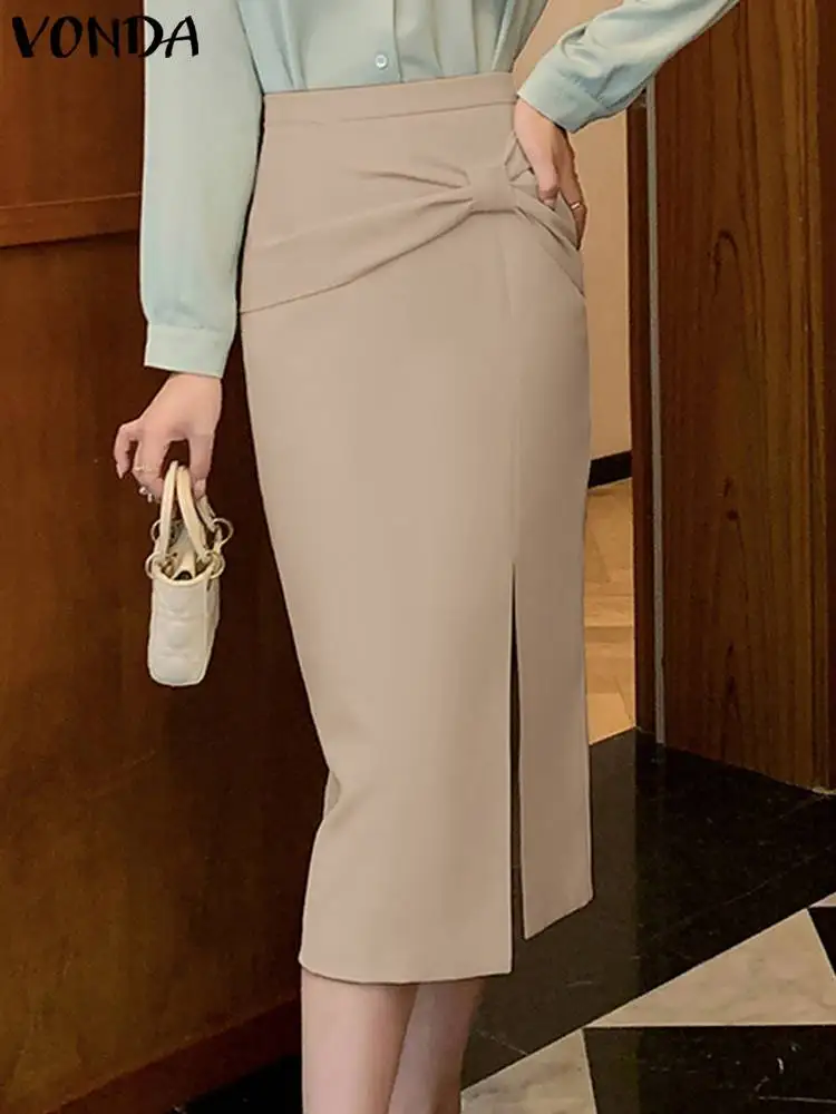 

Summer Skirts 2023 VONDA Elegant Women High Waist Zipper Up Bow Knot Side Split Midi Skirts Casual Solid Color Loose Bottoms