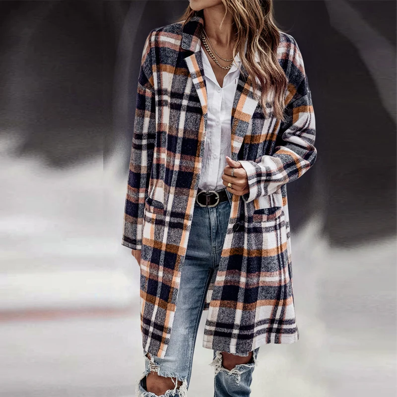

Lady Casual Plaid Patchwork Coats Ladies 2022 Fashion Long Outwear Jackets Streetwear Women Autumn Lapel Buttoned-up Cardigans