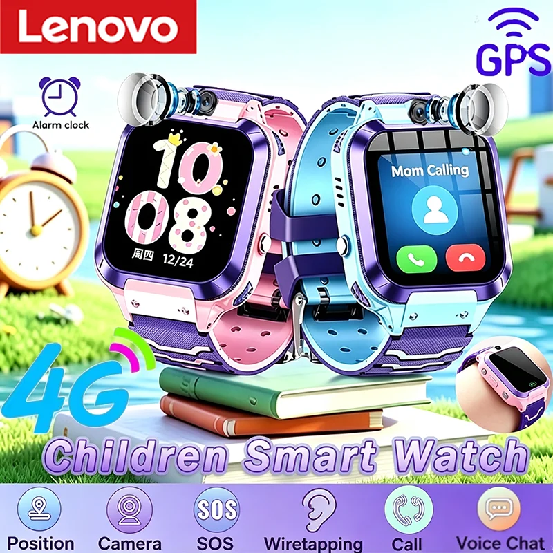 Фото Детские умные часы-камера Lenovo 4G 5G с GPS-локацией, поддержкой SIM-карты, функцией SOS, водонепроницаемые, с функцией звонков, подарок для мальчиков и девочек 2027 №1