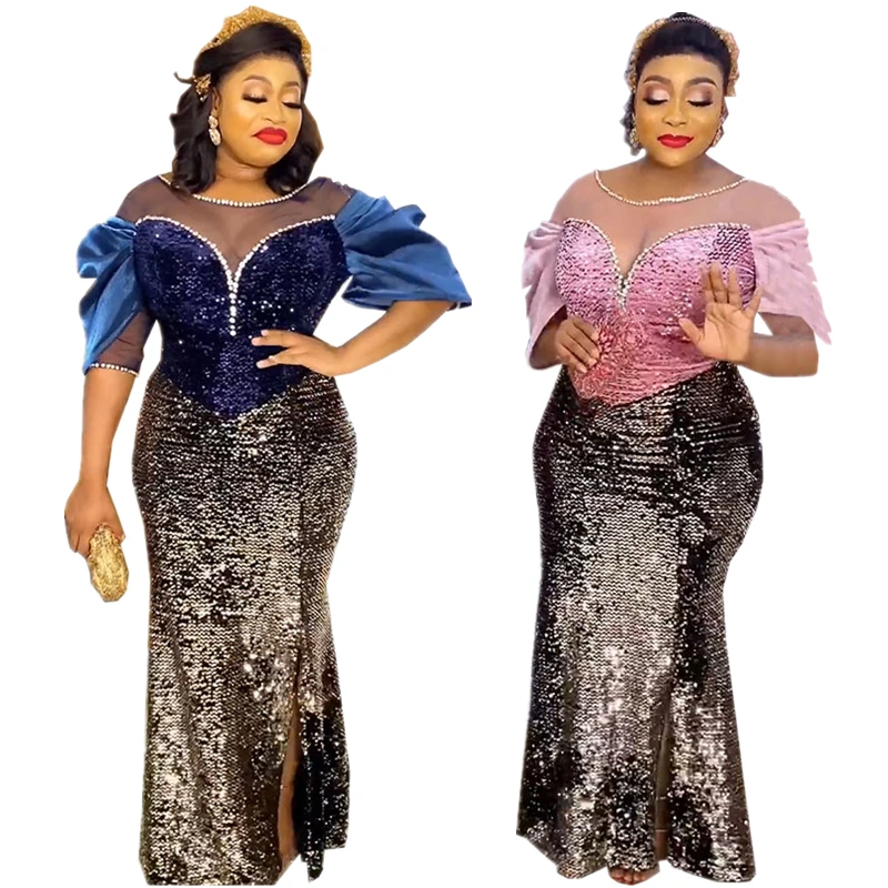 

Retro Sequins Sexy Tight Evening Prom Gowns Women Deep V Neck Short Sleeve Elegant Luxury African Glitter Birthday Party Outfits