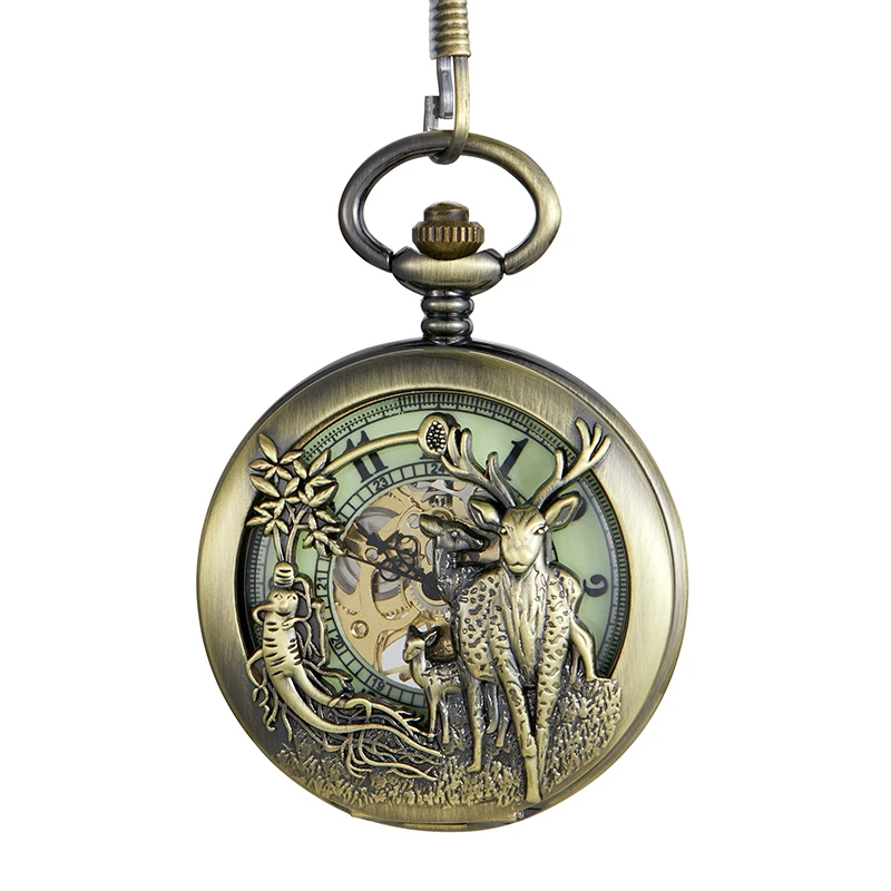 Retro Mechanical Pocket Wristwatch Steampunk Skeleton Hand-Wind Watch Wolf Hollow Mechanical Pocket Watch Deer Horse Fob Chain