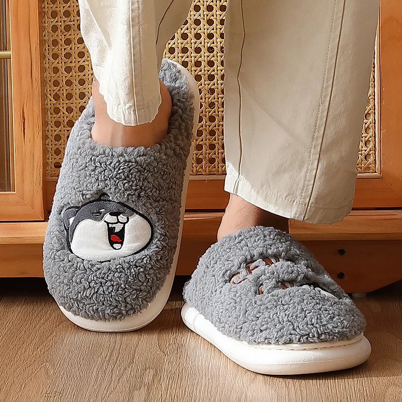 Winter Cute Animal Funny Slippers Lovers Cartoon Dog Home Slippers Women's Man Indoor Non-Slip Thick Bottom Plush Cotton Shoes