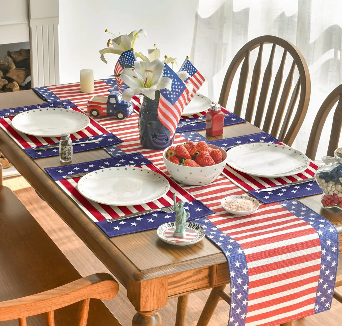 

4th of July Table Runner and Place Mats Set, Independence Day Dining Table Runners Patriotic Stripes and Stars Table Decor