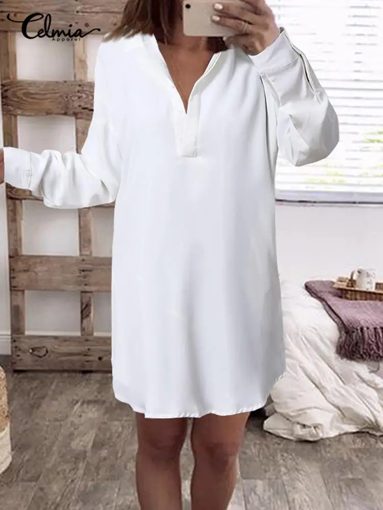 

Повседневные свободные топы Celmia с длинным рукавом, элегантные базовые блузки с лацканами, однотонные Асимметричные рубашки на пуговицах с ...