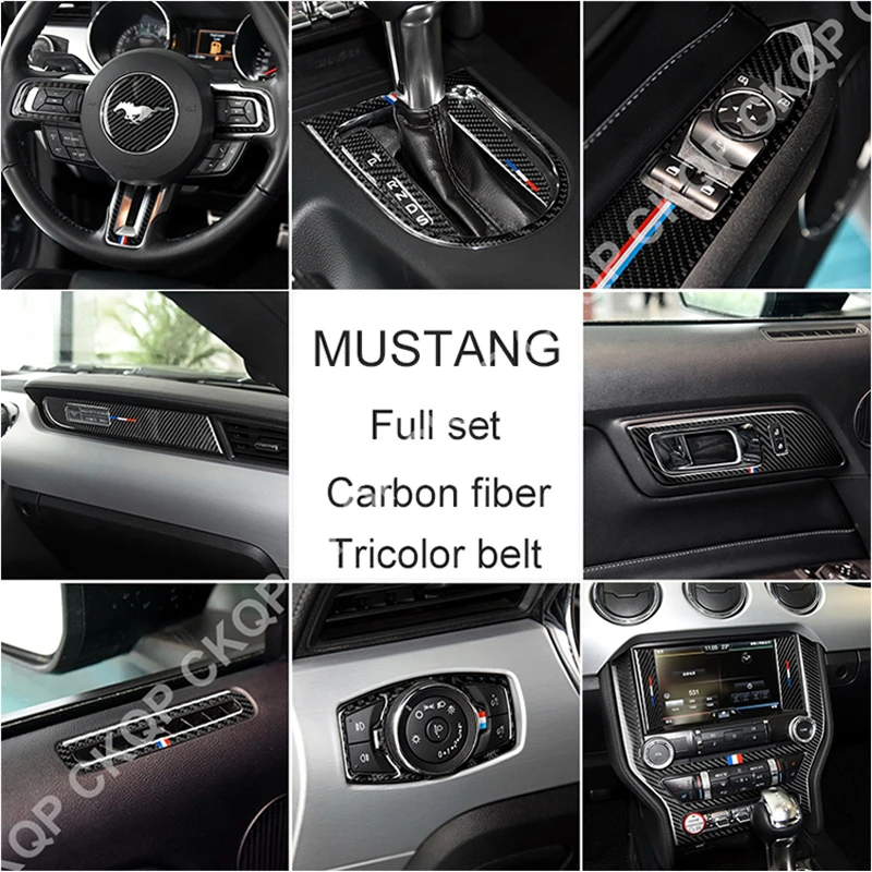 

Полный комплект, декоративная внутренняя отделка из углеродного волокна, трехцветные автомобильные наклейки на пояс для 2016-2021 Ford Mustang, моди...