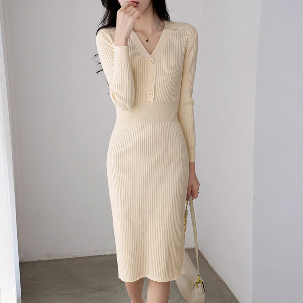 

2022 Spring Women's New Sweater Skirt Temperament V-neck French High Waist Base Knitted Dress Elegant Ladies Vestidos Slimming