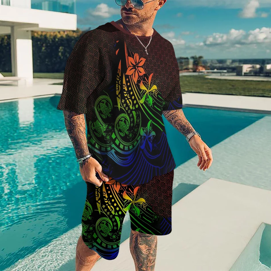 

3D Digital Printing T-shirt Shorts Suit New Summer European and American Men's Trend Casual 2022 Beach Style Texture