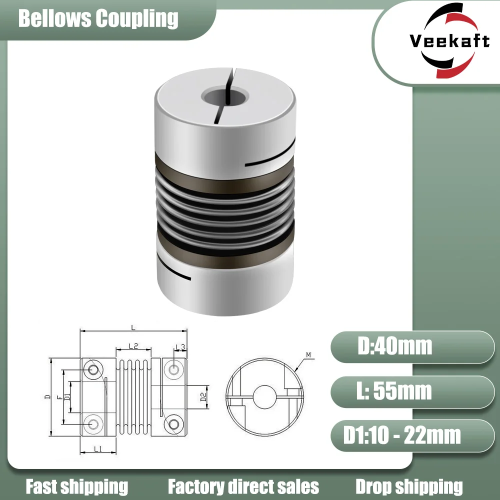 

Corrugated coupling D40L55 6/8/9/10/12/14/16/18/20mm CNC Aluminium Alloy For Stepper Motor Coupler Shaft Couplings 3D Printer