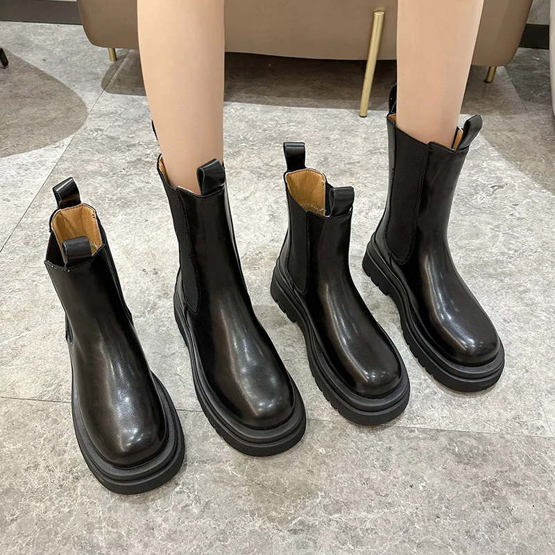 Autumn Genuine Leather Ankle Elastic Boots Shoes Handmade Platform Women Round Toe Short Boot Chunky Heightening Chelsea Boots