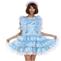 maid lockable blue lace bow bubble sleeve lace ruffle dress custom