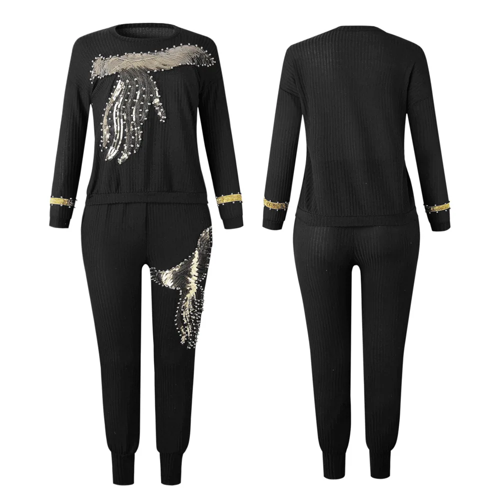 

African Sets For Women African Dashiki Suit New Big Elastic Autumn Design Long Sleeve Nice Sequined Beading Bazin Suit For Lady