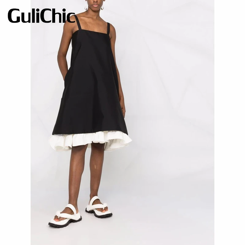 

5.7 GuliChic Women Elegant Temperament Ruffled Hem Patchwork Design Square Collar Sleeveless Suspender Dress