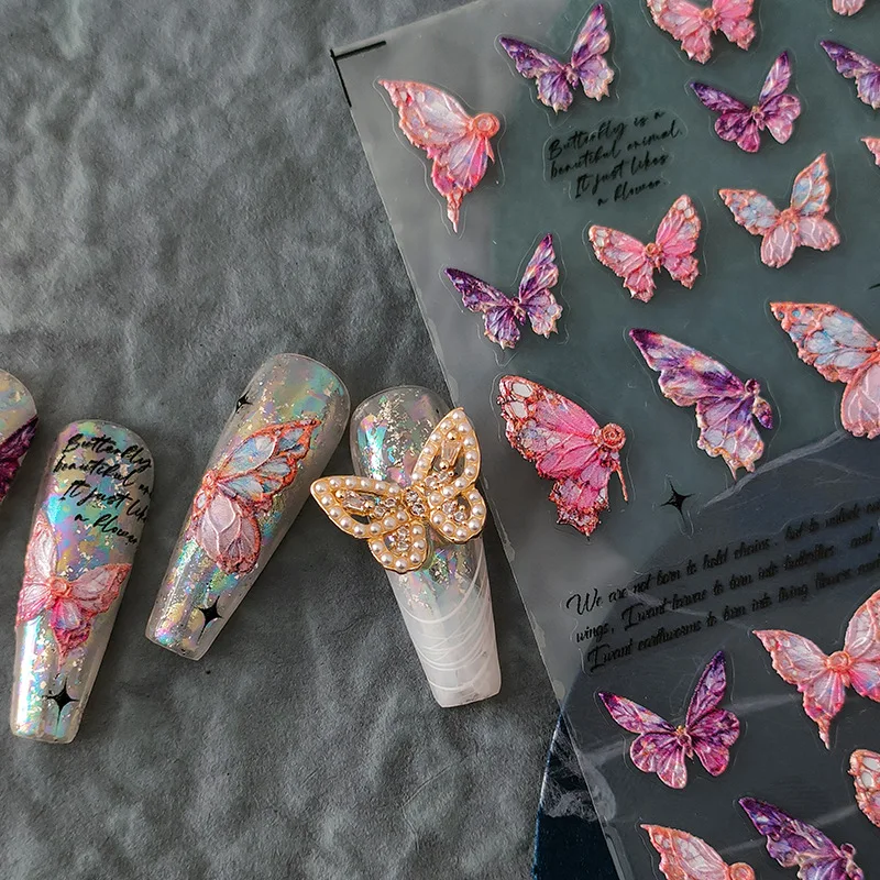

1PC 5D Realistic Relief Stickers Beautiful Flowery Pink Peach Blossom Butterfly Nail Art Decals Self-Adhesive DIY Manicure Charm