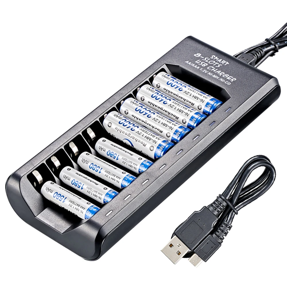 

Smart USB Battery Charger 4/8 Slots AA AAA 1.2V Ni-MH NI-CD Rechargeable Batteries Smart Charging LED Light Electric Chargers