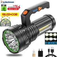 powerful 10 ledcob side light flashlight portable handheld work light spotlight usb rechargeable 6 modes flashlights torch
