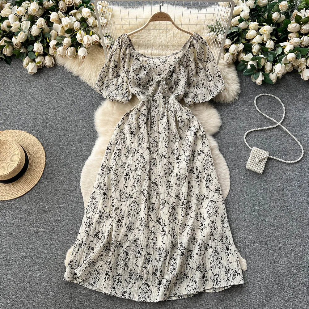 

Платье женское длинное с V-образным вырезом, французское изящное элегантное приталенное в стиле богини, с рукавом «Пузырь», с цветочным принтом, на лето