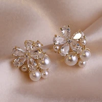 elegant pearl earrings for woman korean fashion crystal flower imitation pearl stud earrings bride wedding jewelry party gifts