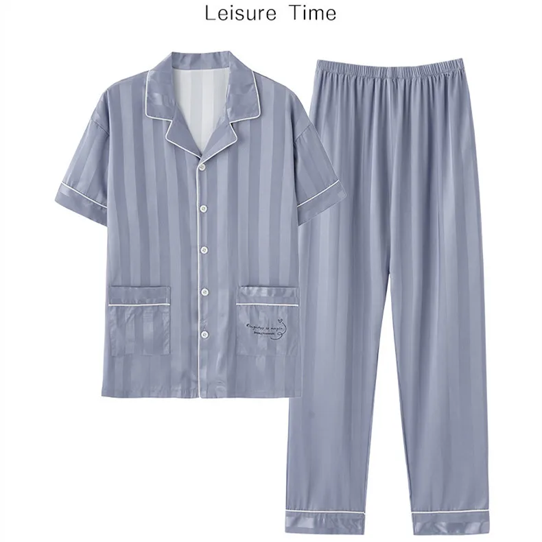 Yasuk All Season  Fashion Ice Silk Pajamas For Men's Long Sleeve Stripe Sleepwear Casual Pocket Homewear Soft Solid Simple