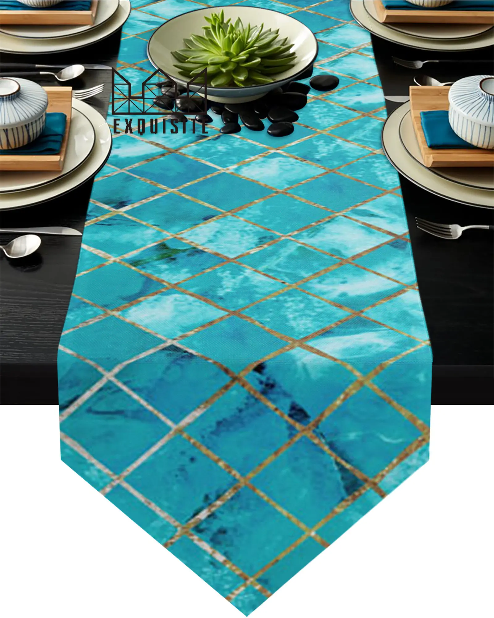 

Turquoise Marble Lattice Texture Table Runner Tablecloth Placemat Table Mat For Home Textile Wedding Party Decoration Supplies