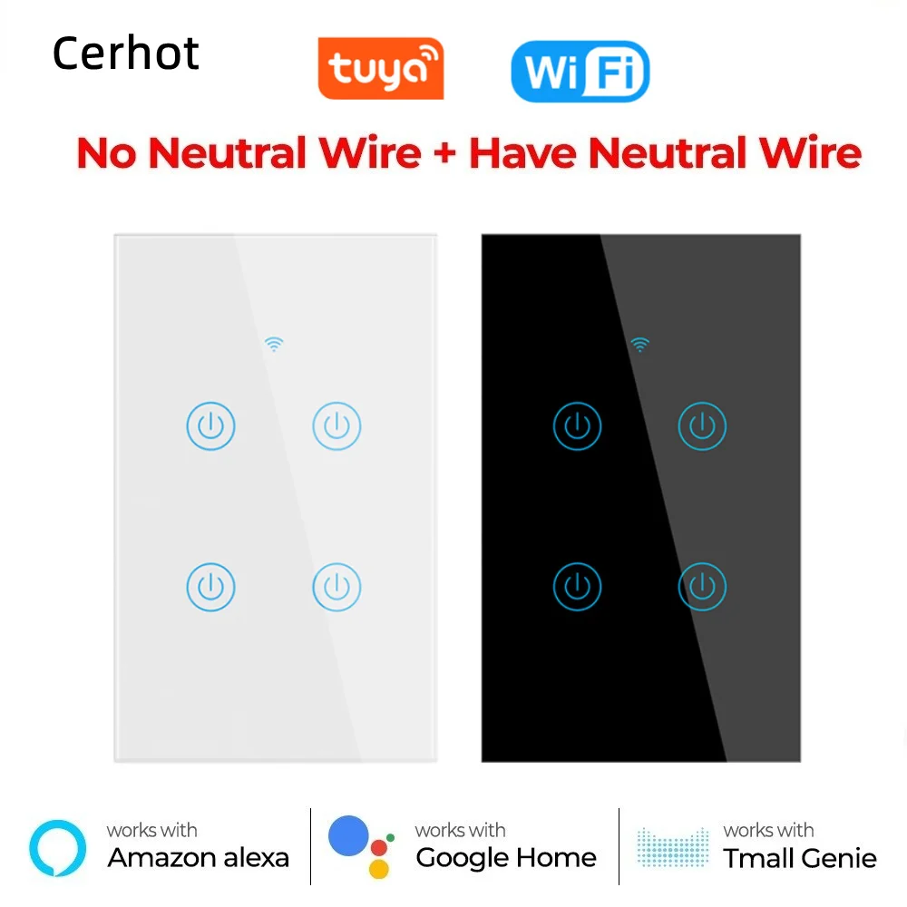 Умный сенсорный выключатель Tuya Wi-Fi без нейтрального провода