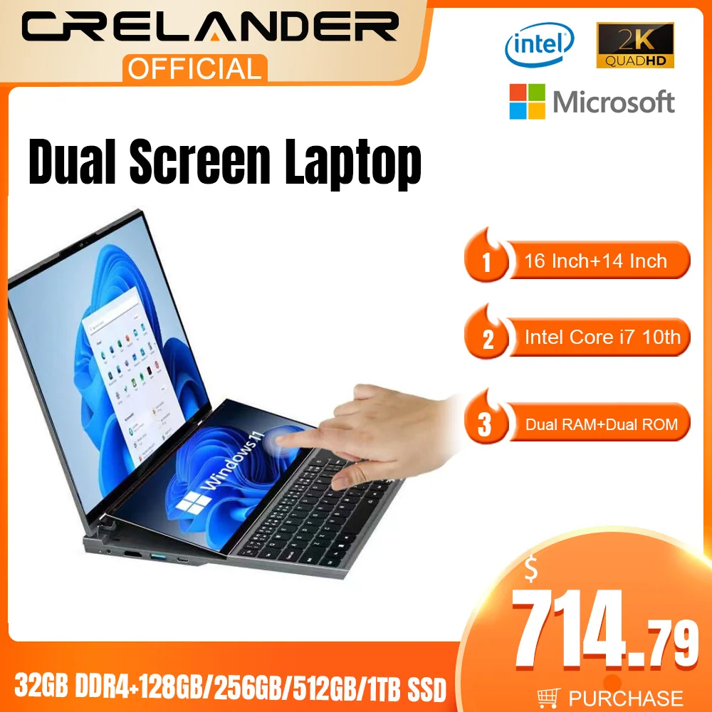 CRELANDER X16 Double Screen Laptops 16 Inch + 14 Inch Touch Screen Intel Core I7 10750H Windows 11 Portable PC Notebook Computer