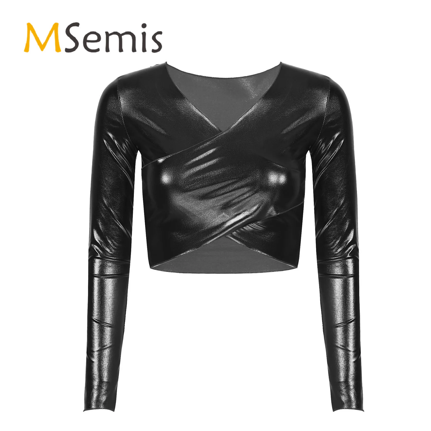 Womens  Cross Wrap V Neck Crop Top Shiny Metallic Shiny Long Sleeve T-shirt Tops Ladies Rave Party Clubwear Pole Dance Top