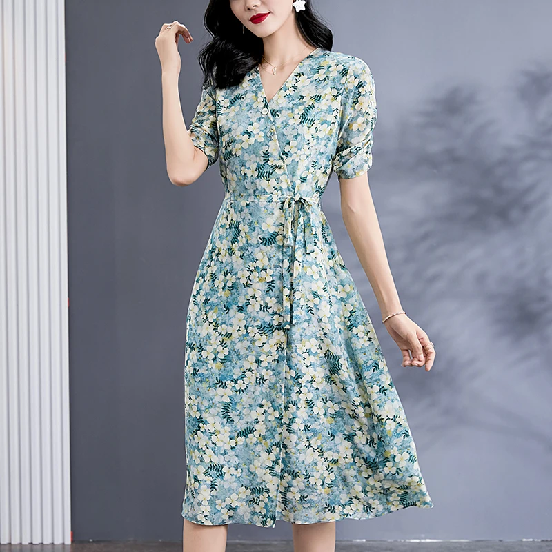 

Summer Dresses Woman 2022 Elegant V-neck Short Sleeve Women's Fashion Floral Midi Dress 100% Real Silk Women A-line Long Dress