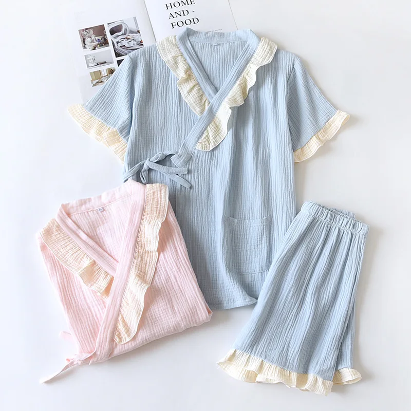 

Japanese Simple Kimono Pajamas Women Summer Cotton Gauze Short Sleeve Shorts Pijama Mujer V-Neck Solid Homewear Two Piece Set