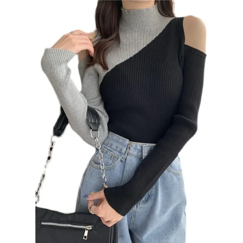 

Spring Women Long Sleeve Black Patchwork Knitted Ribbed Pull Sexy Sweater Cold Shoulder Off Top Femme Pullover Clothes Jersey