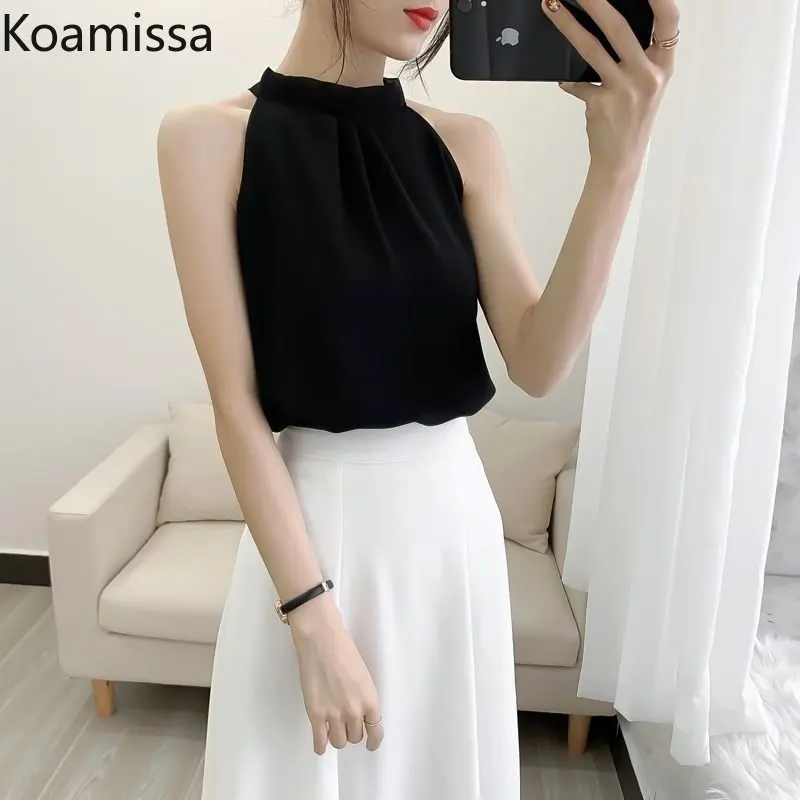 

Koamissa Sexy Chiffon Women Camisole Fashion Ladies Solid Sleeveless Halter Camis Korean Femme Summer Outer Tanks Chic Tops New