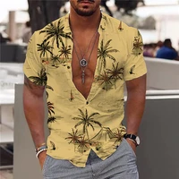 coconut tree luxury mens social shirts for summer 3d print hawaiian shirt beach fashion v neck short sleeve tops male clothing