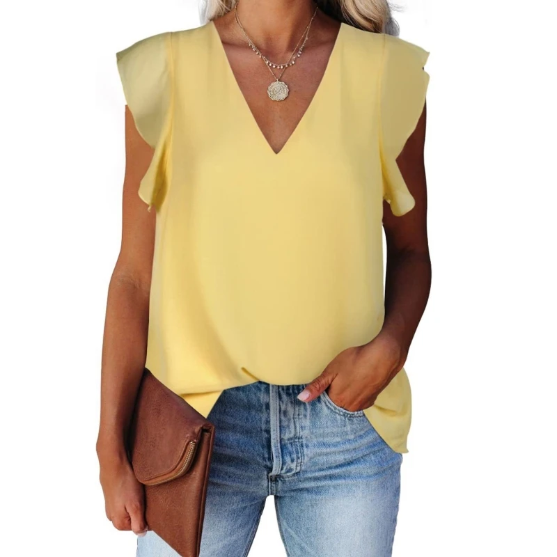 

V-neck Vests Flying Sleeve Tanks Vest Holidays Top Wearing Casual Shirt Female Pattern Solid Top Clothing fir Summer