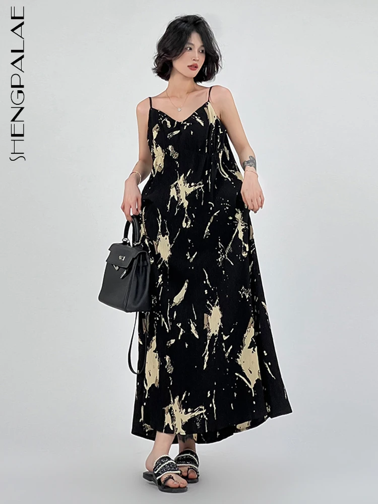 

SHENGPALAE Korean Fashion Black Floral Suspender Dress Casual Loose Printing Chic Robe Women's 2023 Summer New Clothing 5R3273