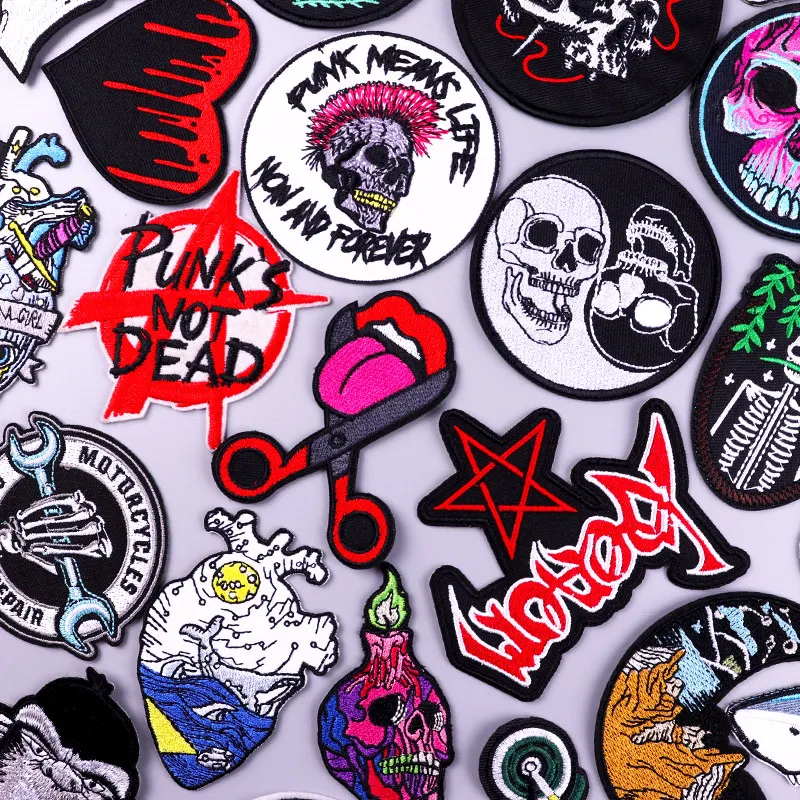 

Skull Patch Embroidered Patches For Clothing Punk Badge Stickers DIY Thermal Adhesive Patches On Clothes For Sewing Stripe Decor