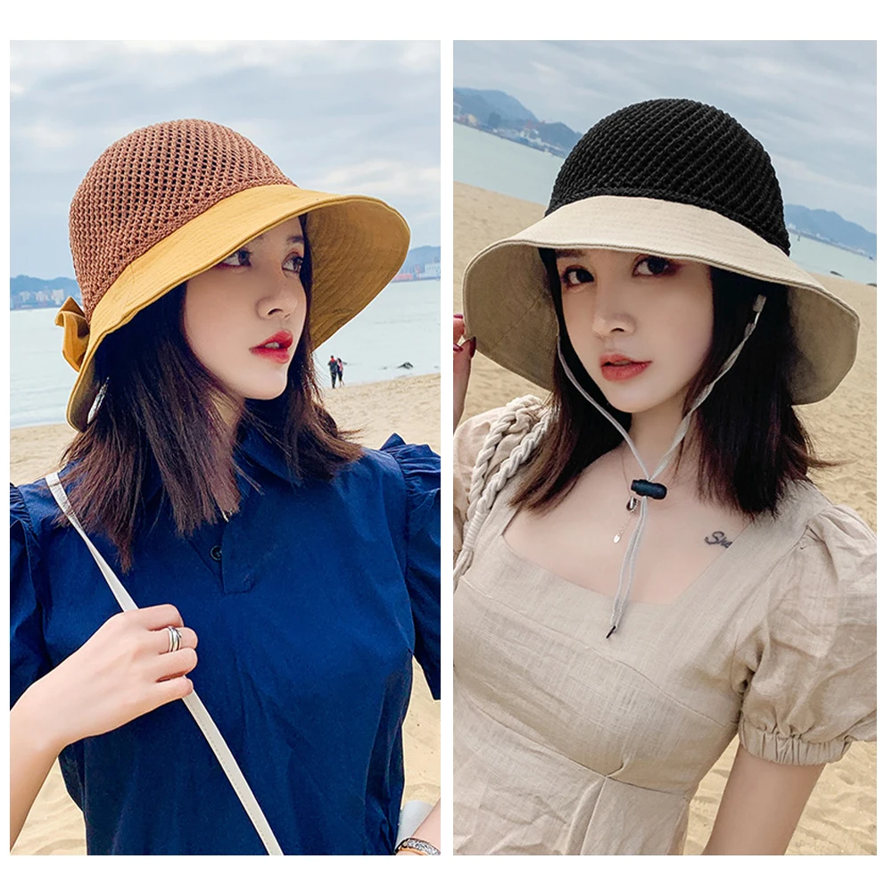

Шляпа женская с широкими полями, дышащая летняя Панама с вырезами, с бантом, с защитой от солнца, для путешествий, реквизит для фото, аксессуа...