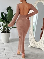 elegant open back long sleeve knitted bodycon midi dresses for women 2022 fall sexy o neck brown black long dress casual outfit