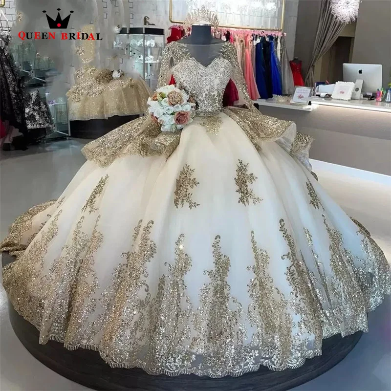 Gold Quinceanera Dress Lace Pearls Ball Gown vestidos para 15 vestido años Glitter Long Sleeve Sequined Birthday Prom Gown VF31